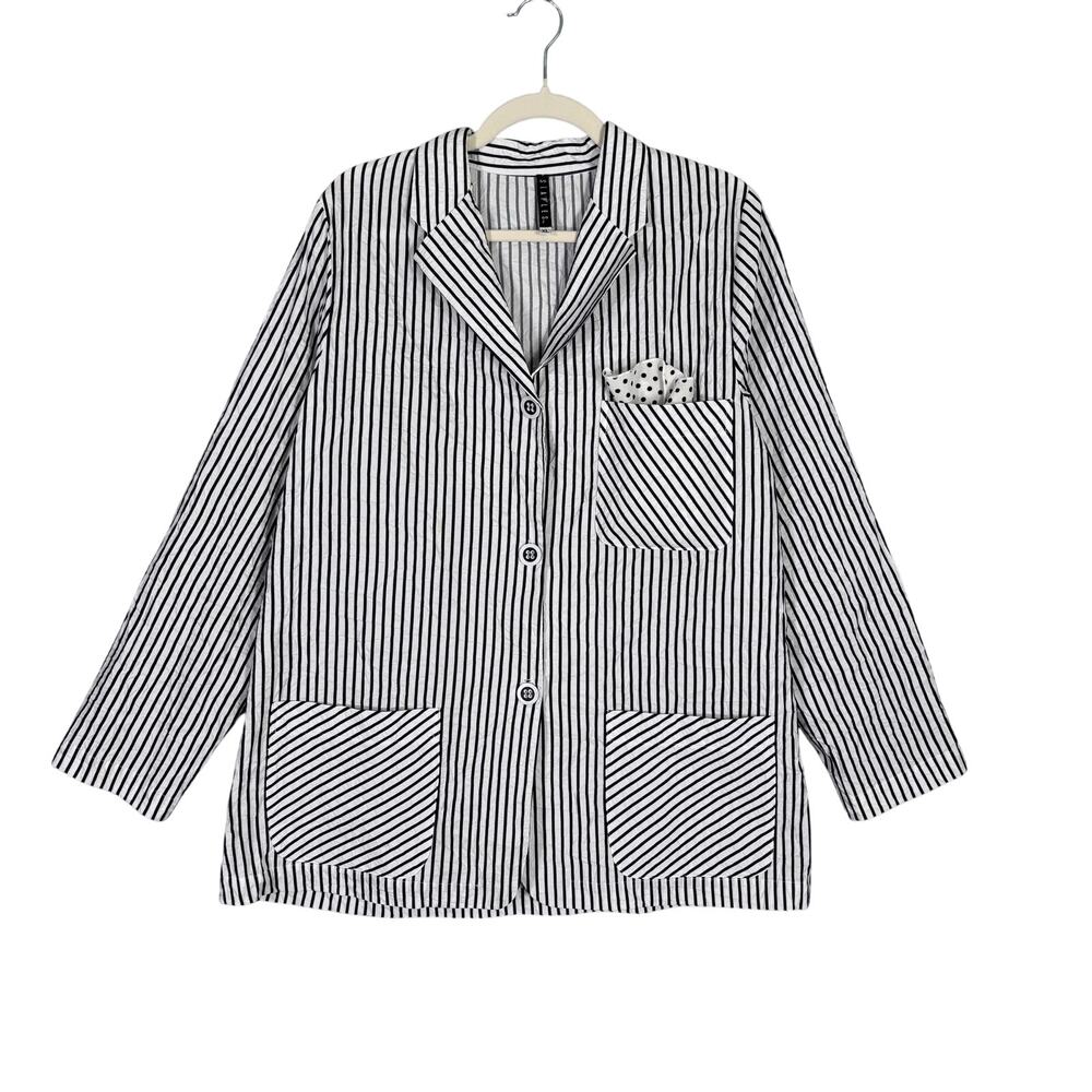 Staples Blazer XL Black White Striped Crinkle Stretch Artsy Lagenlook Quiet USA‎